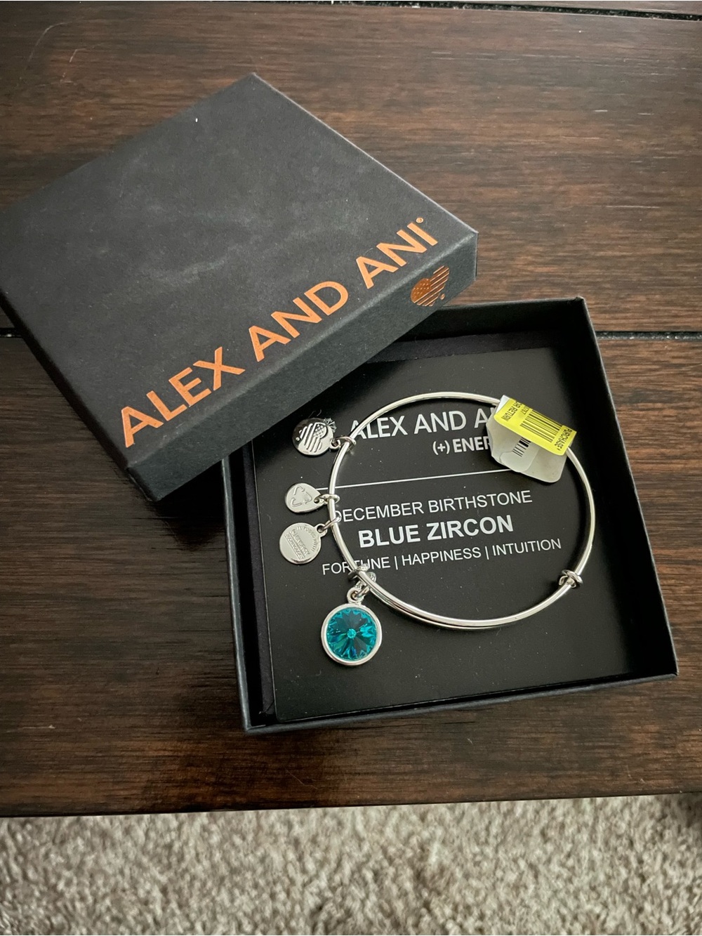 NWT Alex and Ani Silver Bangle Bracelet with Blue Zircon Charm